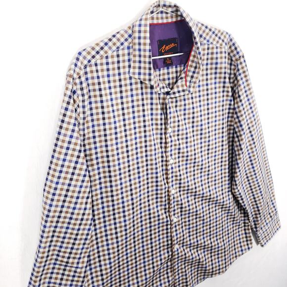 Egara Slim Fit Shirt Mens Extra Large Blue Beige Check Long Sleeve Button Up Top - Picture 4 of 6